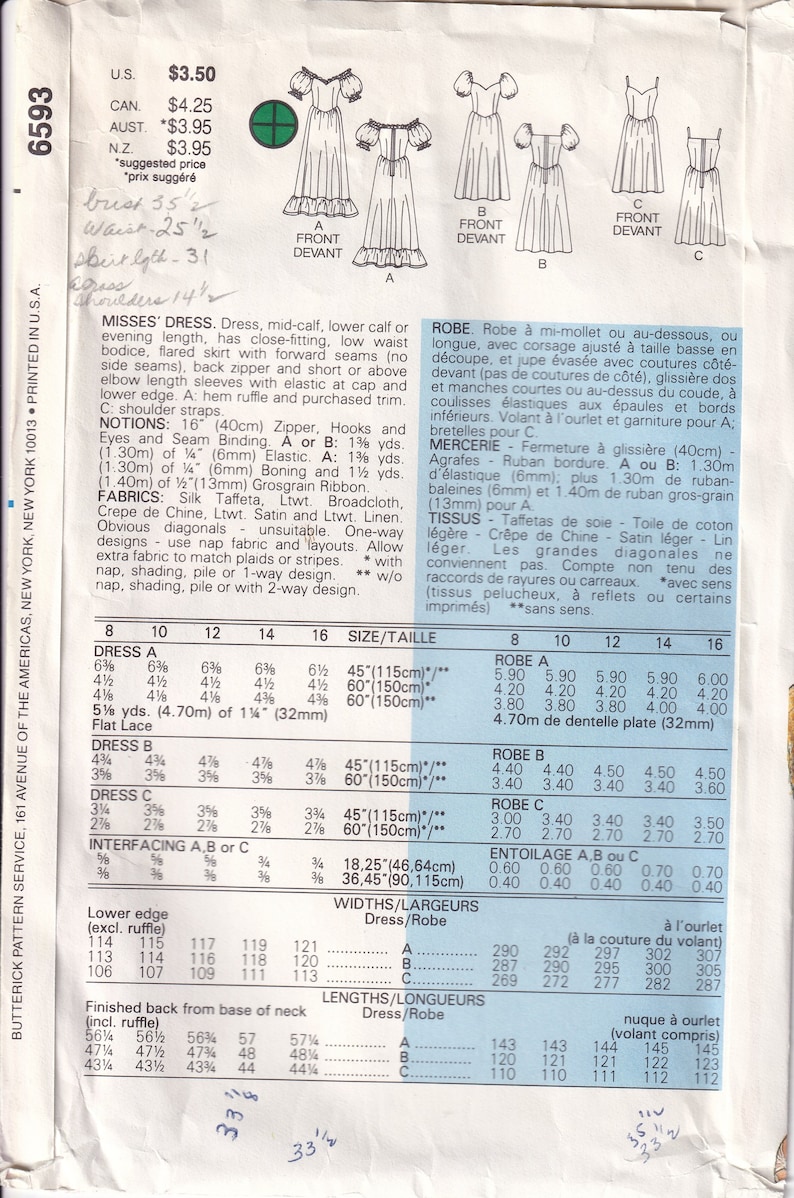 May include: Sewing pattern for a dress with a close-fitting bodice, flared skirt, and short or above elbow length sleeves. The pattern includes instructions for three different dress lengths: mid-calf, lower calf, or evening length. The pattern also includes instructions for a ruffle and purchased trim. The pattern is for sizes 8 to 16.