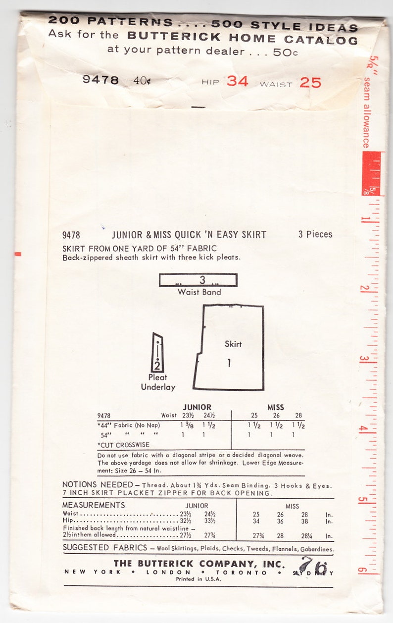 Vintage 1963 Butterick 9478 Sewing Pattern Juniors' and Misses' Easy Skirt Size 25 image 2