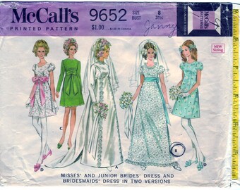 Vintage 1969 McCall's 9652 Sewing Pattern Misses' Wedding Dress or Bridesmaids Dress in Two Versions Size 8 Bust 31-1/2
