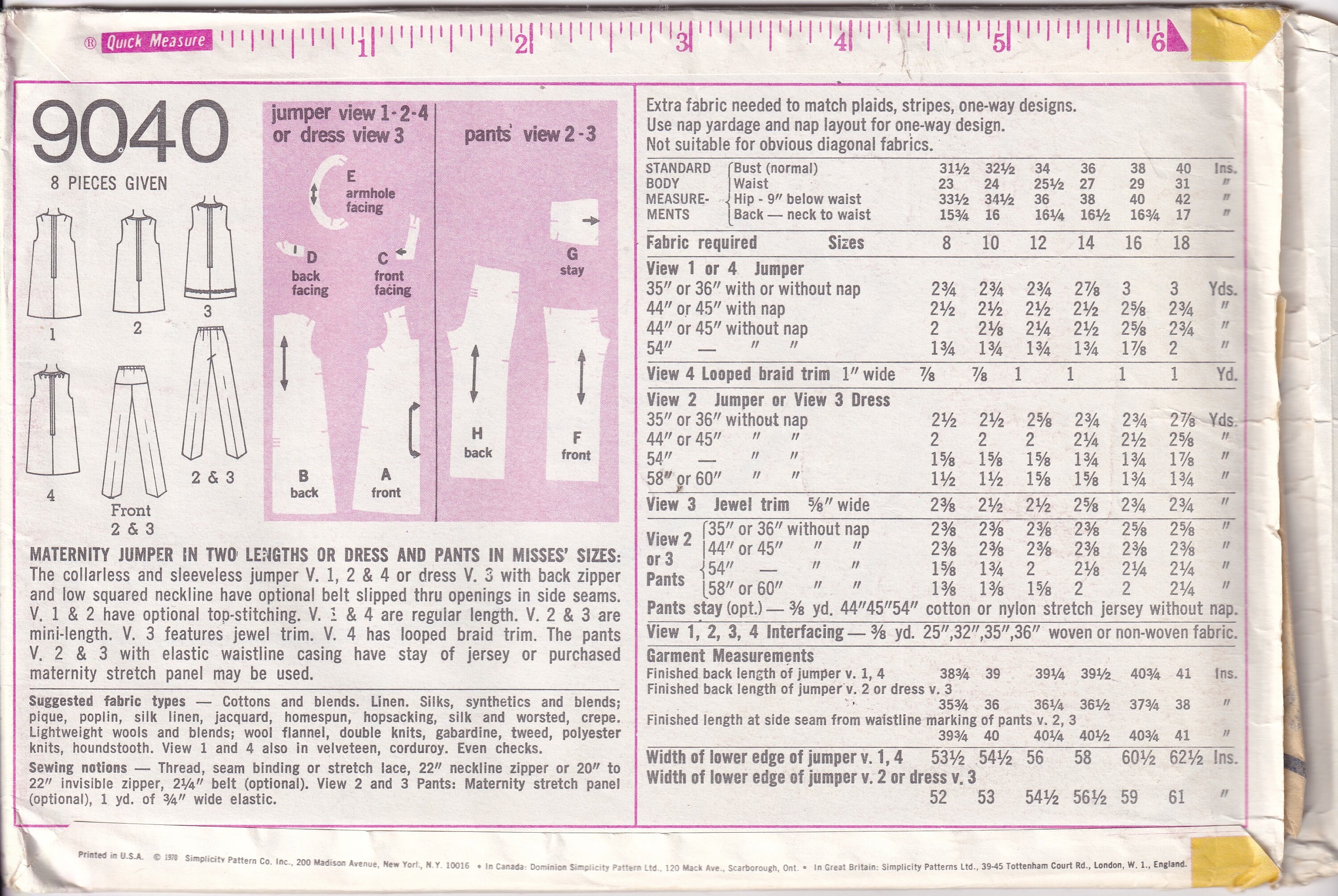 Vintage 1970 Simplicity 9040 UNCUT Sewing Pattern Misses' Maternity ...