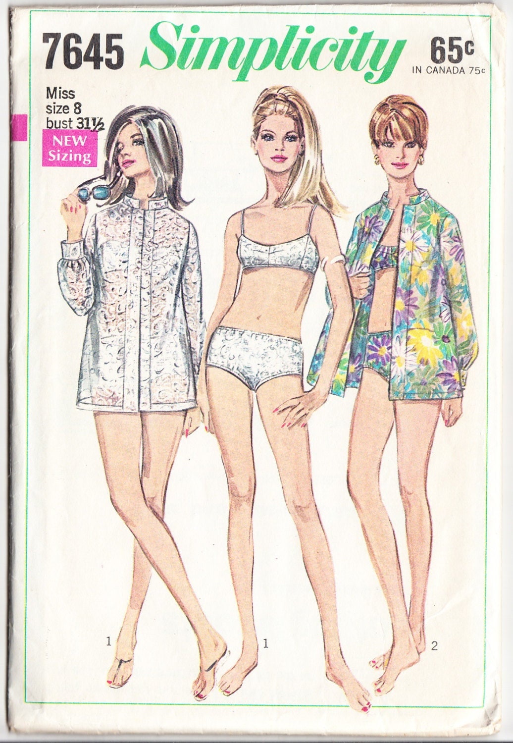 Vintage 1968 Simplicity 7645 Sewing Pattern Misses' Two-Piece Bathing-Suit and Shirt Size 8 Bust 31-1/2