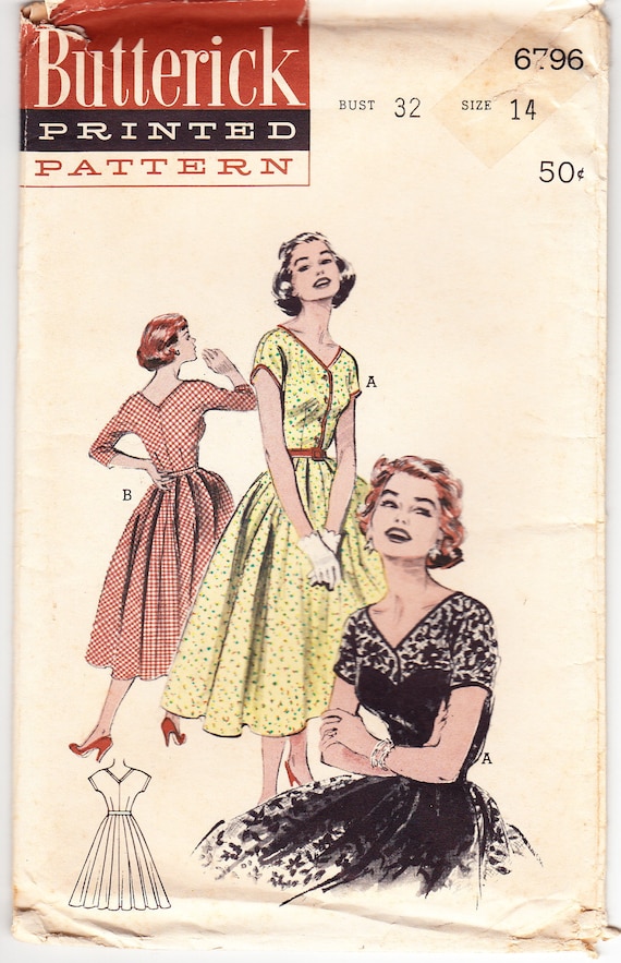 Vintage 1953 Butterick 6796 Sewing Pattern Misses' One-Piece Dress - Wide V-Neckline Size 14 Bust 32