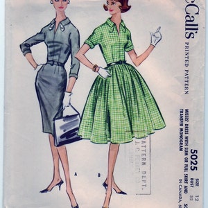 May include: Vintage sewing pattern for a dress with a slim or full skirt. The pattern is McCall's 5025, size 12, bust 32. The pattern includes a transfer monogram.