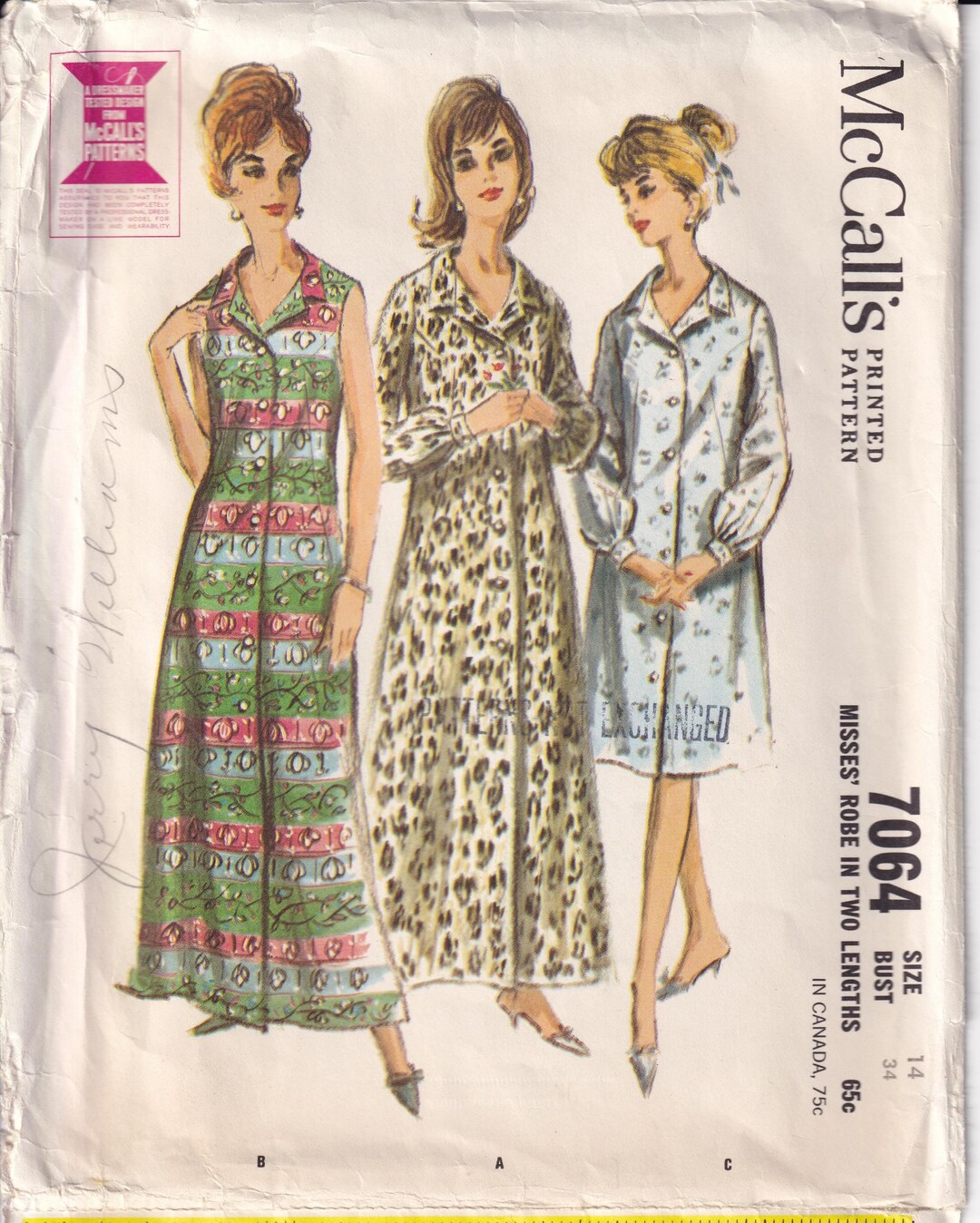 Mccall's Robe Pattern Vintage 1963 Mccall's 7064 Sewing Pattern Misses', Women's Robe in Two ...
