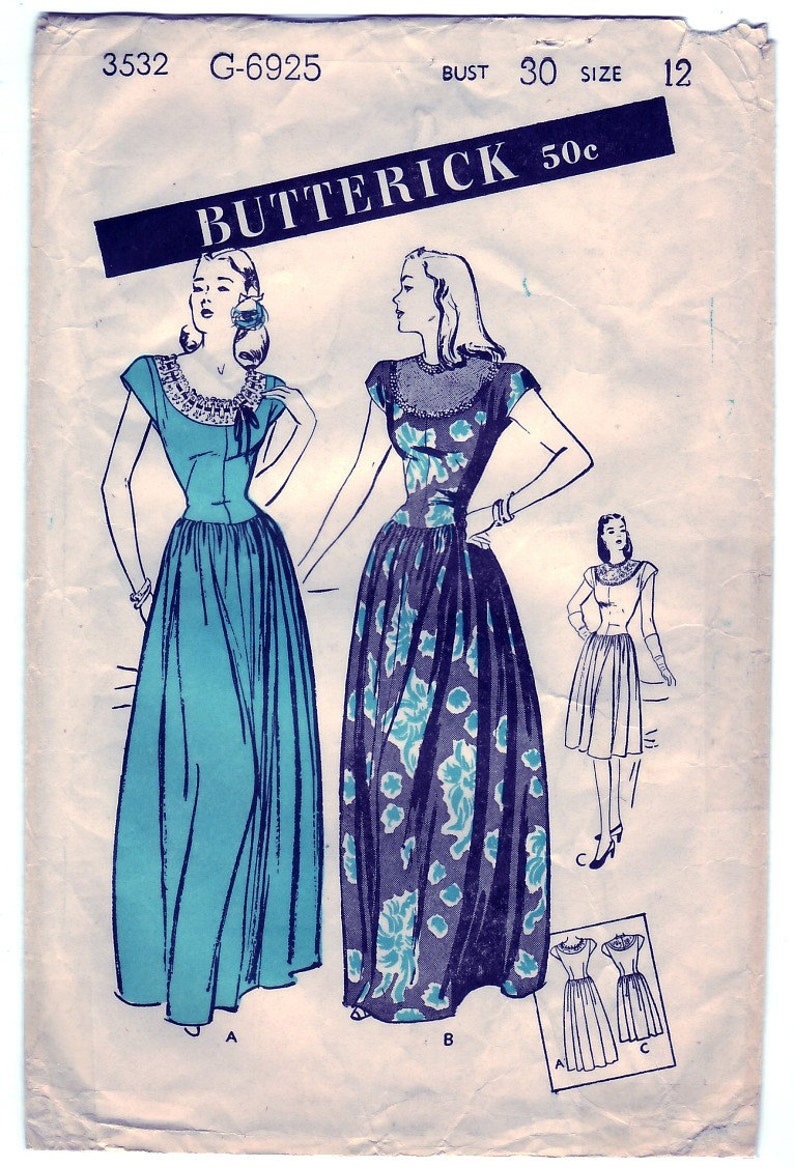 Vintage 1945 Butterick 3532 Sewing Pattern Misses' Dinner and Dance Dress in Two Lengths Size 12 Bust 30 image 1