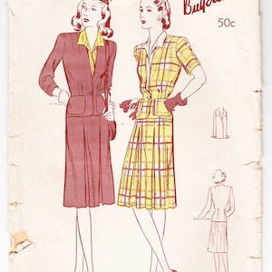May include: Vintage sewing pattern for a dress, featuring two women in different styles. The pattern is from Butterick and is size 16, bust 34. The pattern is priced at 50 pence.