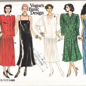 May include: A sewing pattern for five different dresses. The dresses are in red, black, white, green, and blue. The pattern is called Vogue's Basic Design and the pattern number is 1480.