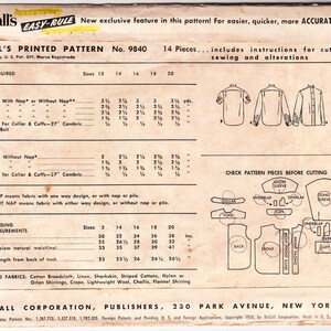 Vintage 1954 Mccall's 9840 Sewing Pattern Misses' - Etsy