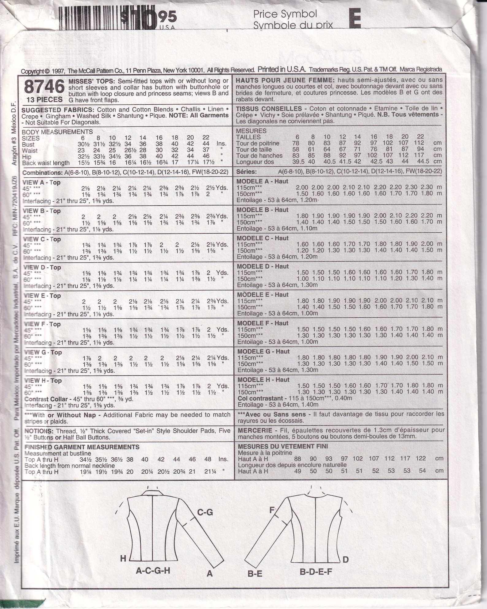 Classic 1997 Mccall's 8746 UNCUT Sewing Pattern Misses' Shirts Size 6,8 ...