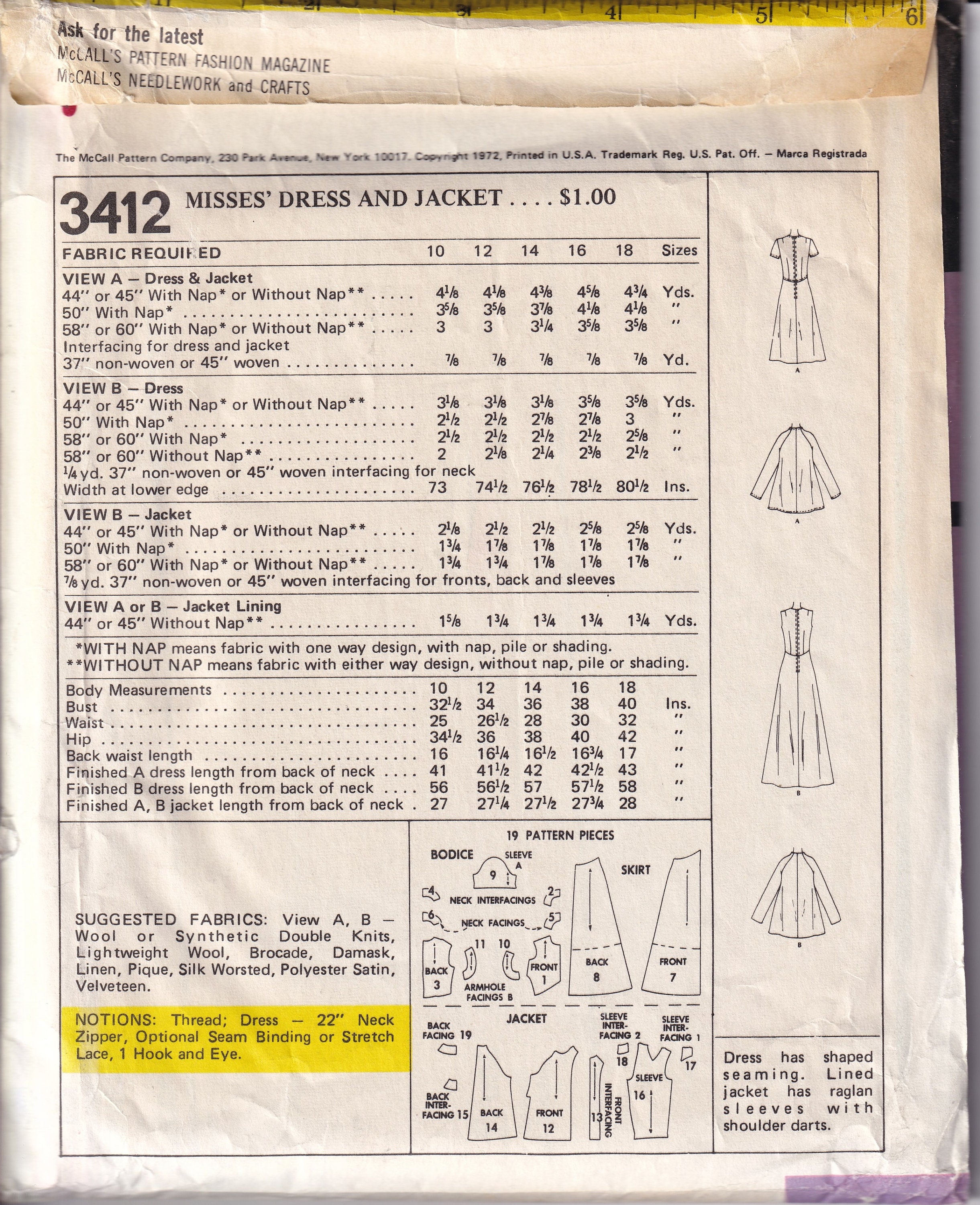 4342 Pattern Vintage 1972 Mccall's 3412 Sewing Pattern Misses' Dress and Jacket Size ...