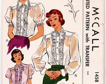 Vintage 1949 McCall 1458 UNCUT Sewing Pattern Misses&#39; Blouse Size 14 Bust 32