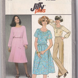 May include: Simplicity sewing pattern number 8412, Jiffy Plus, size 12 miss, featuring three different dress styles. The first dress is a pink long-sleeved dress with a sash. The second dress is a blue floral print short-sleeved dress. The third dress is a beige long-sleeved blouse with brown pants.