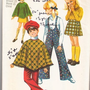 Vintage 1969 Simplicity 8425 Sewing Pattern Girls&#39; Poncho, Skirt and Bell-Bottom Suspender-Pants Size 4