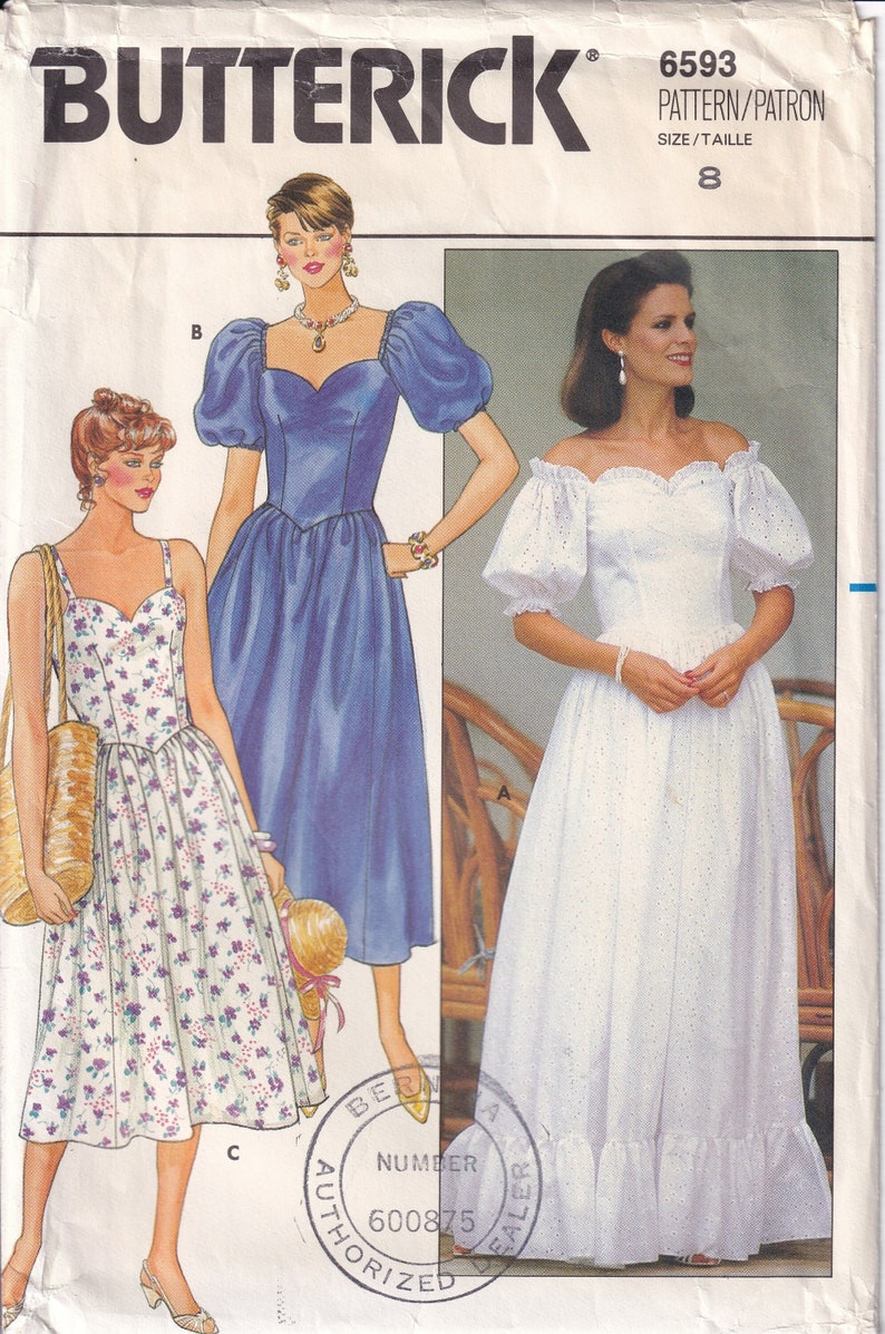 May include: A vintage sewing pattern for a dress with three different styles. The pattern is for size 8 and is from Butterick, pattern number 600875.