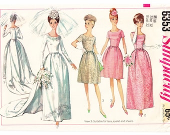 Vintage 1965 Simplicity 6353 UNCUT Sewing Pattern Misses' Wedding Dress with Train or Bridemaids Dress or Evening Dress Size 12 Bust 32