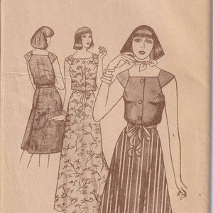 May include: A vintage sewing pattern for a dress with a striped skirt and a solid bodice. The pattern is from Pauloa Patterns and is for sizes XS, SM, MED, and LG. The pattern number is 3002 and the price is $2.50.