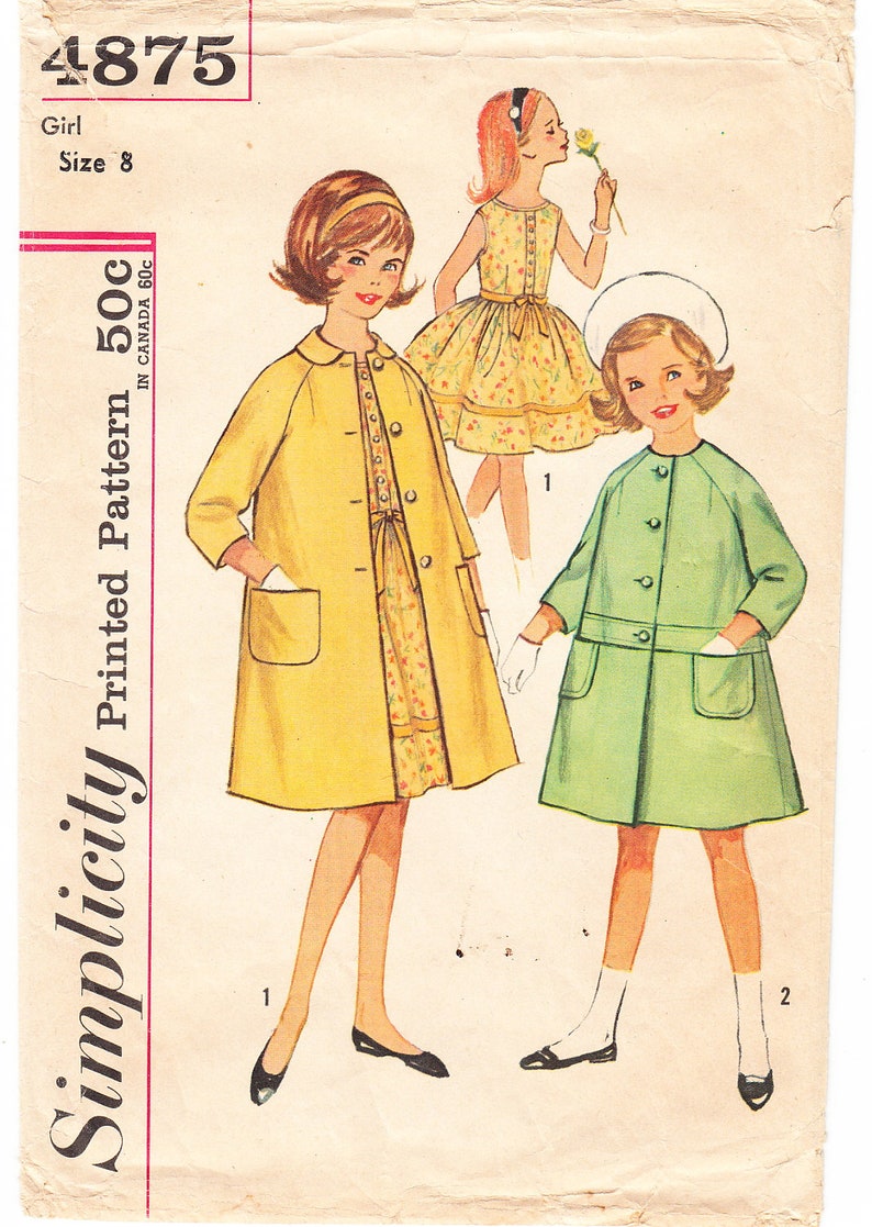 Vintage 1963 Simplicity 4875 Sewing Pattern Girl S One Piece Dress And Coat Size 8 Visual Arts Craft Supplies Tools Kromasol Com