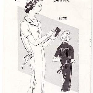 May include: A black and white illustration of a vintage sewing pattern for a dress. The pattern is called "Spadea's American Designer Pattern" and the number is 1338. The pattern is for a chemise dress with a yoke back fullness and side slits at the lower edge. The dress is designed for the Junior Figure.