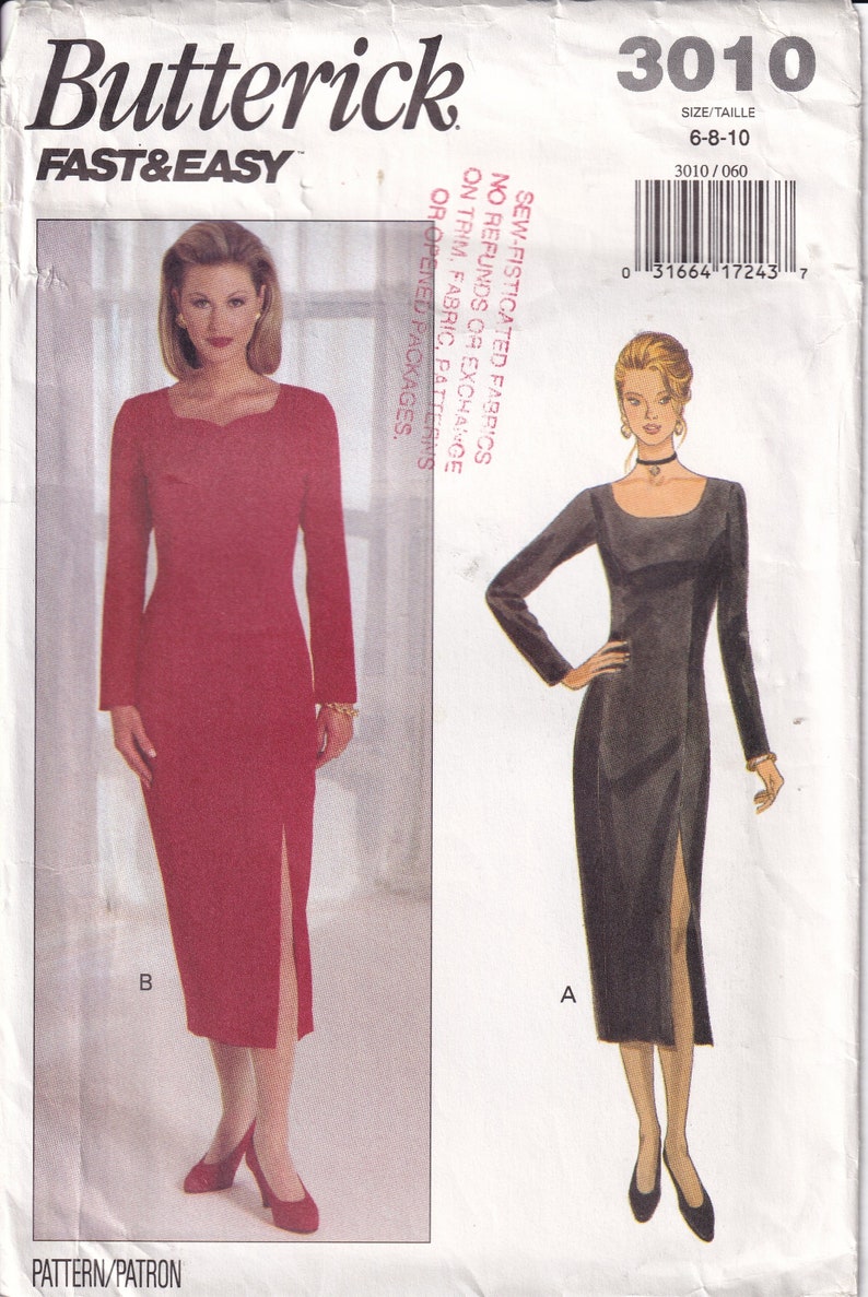 Vintage 1993 Butterick 3010 Sewing Pattern Misses' One Piece Dress Size ...