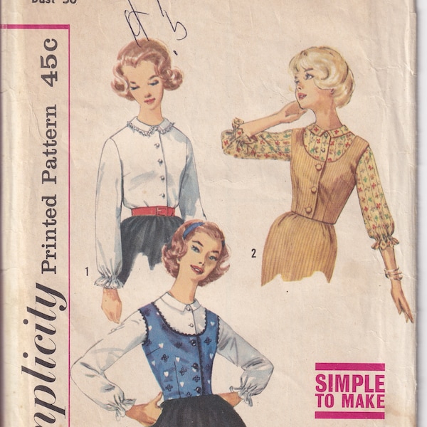 Vintage 1960 Simplicity 4105 Sewing Pattern Teens' Juniors' Blouses and Weskit Size 10 Bust 30