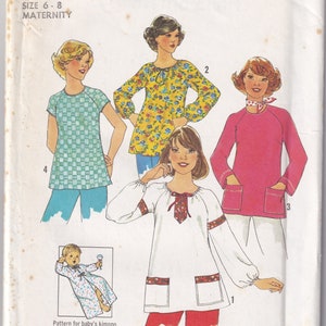 May include: A sewing pattern for a maternity top with a variety of styles. The pattern includes a white top with a floral trim, a pink top with pockets, a green and white checkered top, and a floral print top. The pattern is for sizes 6-8 and is labeled "Simplicity 7944".