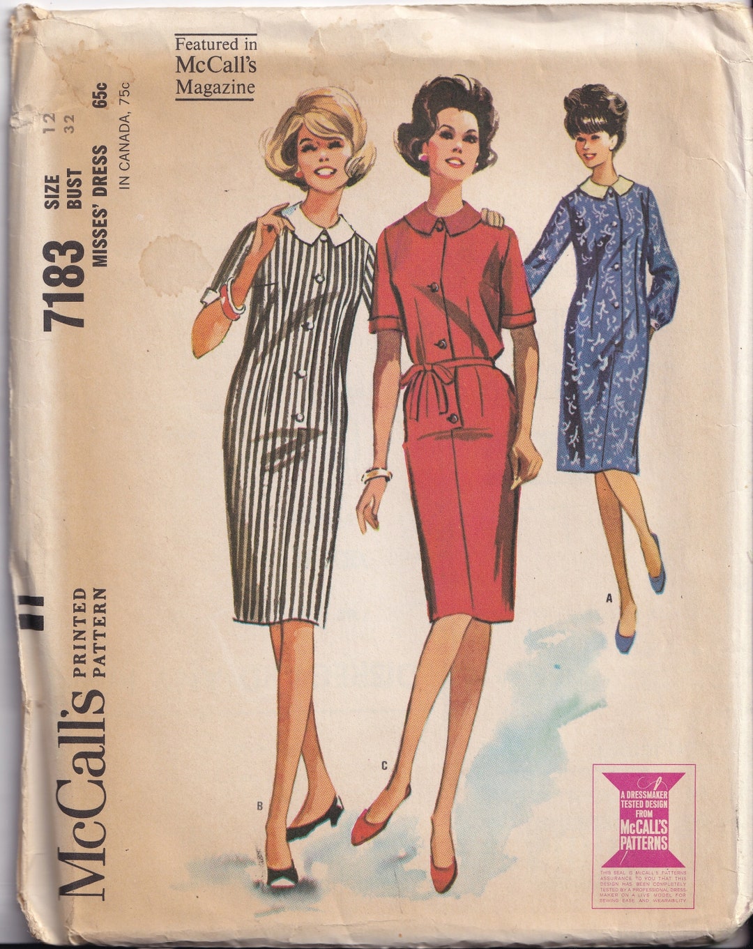 Vintage 1964 Mccall's 7183 UNCUT Sewing Pattern Misses' Dress Size 12