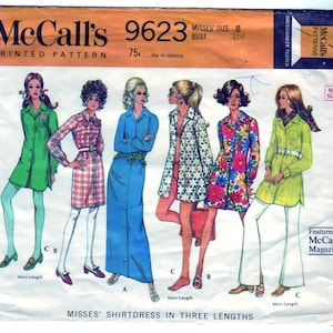 Vintage 1969 McCall&#39;s 9623 Sewing Pattern Misses&#39; Shirtdress in Three Lengths Size 8 Bust 31-1/2
