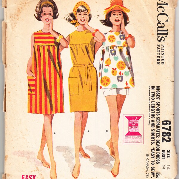 Vintage 1963 McCall's 6782 Sewing Pattern Misses' Separates, Beach Dress in Two Lengths and Shorts Size 14 Bust 34