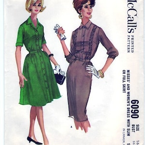 May include: A vintage sewing pattern for a dress with a slim or full skirt. The pattern is for sizes 16, 36, and 38 bust. The pattern is from McCall's and is printed on a white background with a black and white illustration of two women wearing the dress.