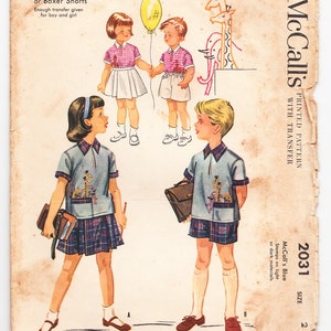 Vintage 1955 McCall&#39;s 2031 Sewing Pattern Child&#39;s, Boys&#39;, Girl&#39;s Shirt with Skirt or Boxer Shorts Size 2