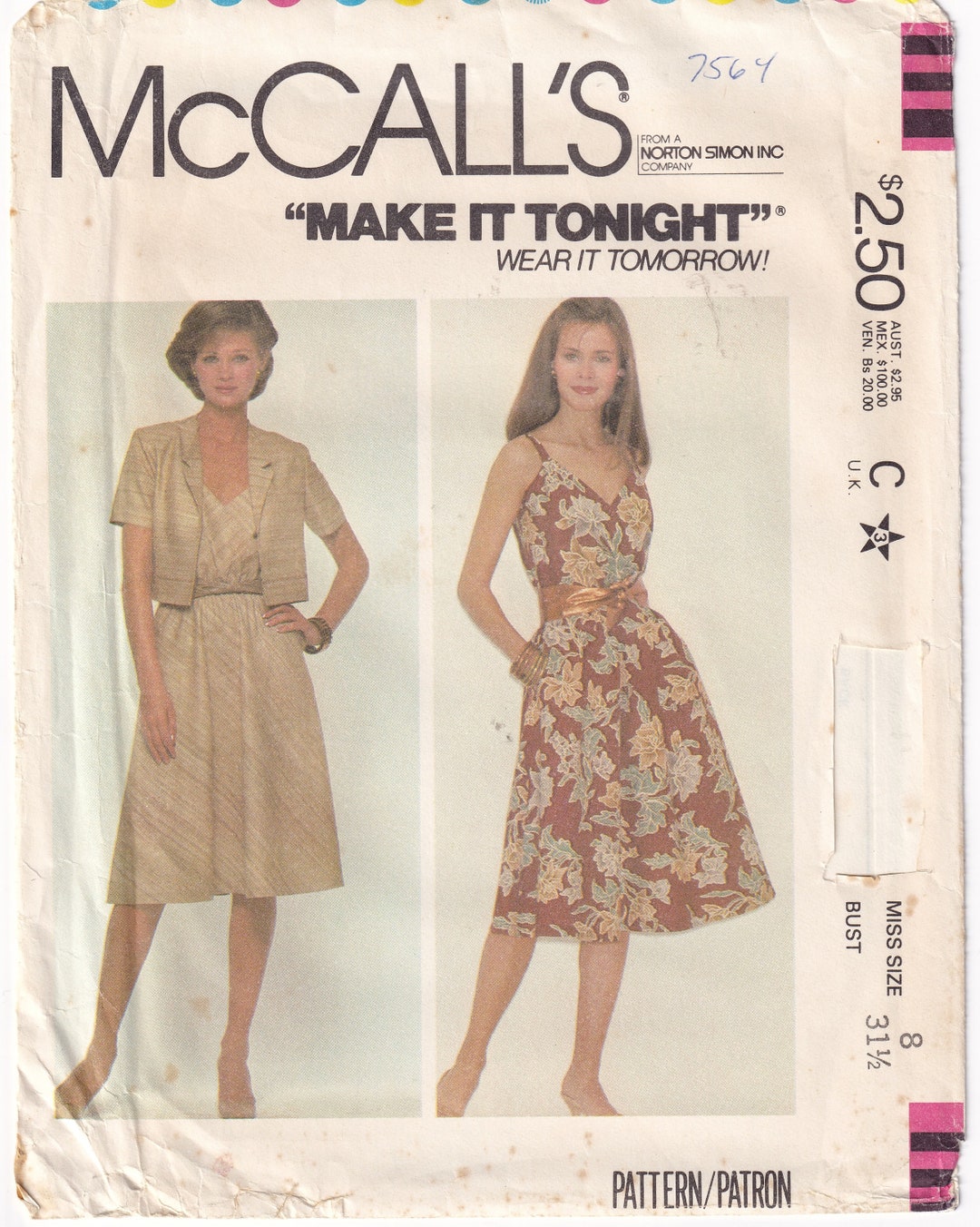 Vintage 1981 Mccall's 7564 UNCUT Sewing Pattern Misses' Camisole Dress ...