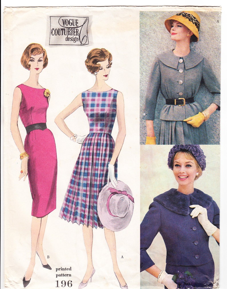 Vintage 1959 Vogue Couturier Design 196 UNCUT Sewing Pattern Misses' One-Piece Dress and Jacket Size 14 Bust 34 image 1