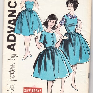 May include: A vintage sewing pattern for a dress, featuring three illustrations of women wearing different styles of blue dresses. The pattern number is 9648, size 10s. The pattern is from Advance, a printed pattern company.