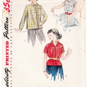 Vintage 1952 Simplicity 4163 UNCUT Sewing Pattern Girls&#39; Blouse and Overblouses Size 10
