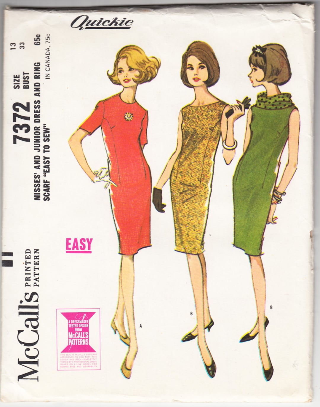 Vintage 1964 Mccall's 7372 UNCUT Sewing Pattern Misses' and Junior Dress  and Ring Scarf Size 13 Bust 33