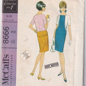 May include: A vintage sewing pattern for a two-piece dress. The pattern is for sizes 12 and 32 bust. The pattern is from McCall's and is called "New York Designers Collection plus 1". The pattern is for a misses' two-piece dress. The pattern is for a dress with a pink top and a yellow skirt, and a blue top and a blue skirt.