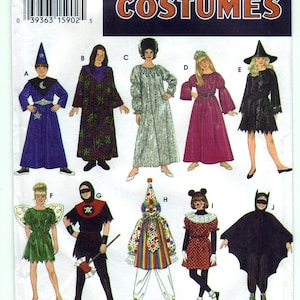 May include: Simplicity Costumes pattern featuring various Halloween costume designs. Includes a wizard, witch, princess, fairy, clown, and bat. The pattern includes sizes S, M, and L, and the text "Witch's hat, masks and pants are purchased."