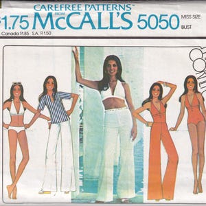 May include: Vintage McCall's 5050 sewing pattern envelope. The envelope shows illustrations of women in swimwear, bikinis, halter tops, and trousers. The text on the envelope reads "Carefree Patterns" and "Misses' Cover-up, Swimsuit, Bikini, Halter and Trousers."