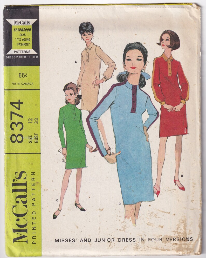 Vintage 1966 McCall/'s 8374 UNCUT Sewing Pattern Misses/' Dress in Four Versions Size 12 Bust 32