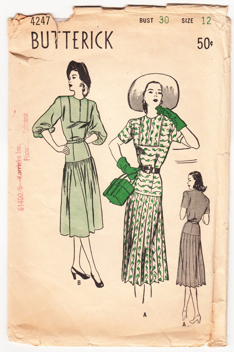 Vintage 1947 Butterick 4247 Sewing Pattern Misses' One-Piece Dress Size 12 Bust 30 image 1