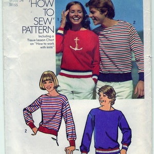 Vintage 1973 Simplicity 5516 UNCUT Sewing Pattern Misses', Men's Pullover Top Sweater Size 12 Bust 34
