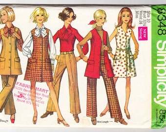 Vintage 1969 Simplicity 8348 Sewing Pattern Misses' Dress or Jumper in Two Lengths, Blouse and Hip-Hugger Pants Size 10 Bust 32-1/2