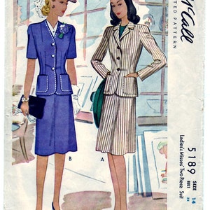 Vintage 1943 McCall 5189 Sewing Pattern Ladies&#39;, Misses&#39; Two Piece Suit Size 14 Bust 32