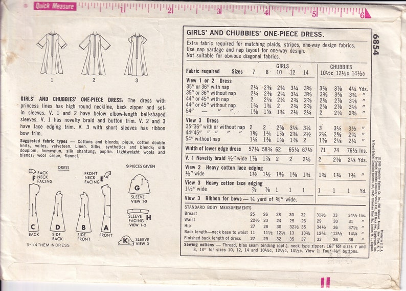 Vintage 1966 Simplicity 6854 Sewing Pattern Girls' and Chubbies One ...