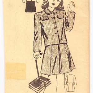 May include: A vintage sewing pattern for a girl's outfit. The pattern includes a jacket and skirt with a chevron pattern. The pattern number is 4855.