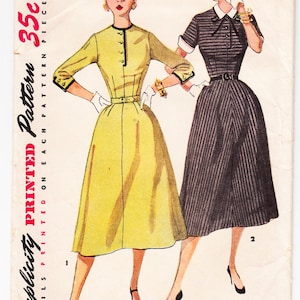 Vintage 1953 Simplicity 4467 Sewing Pattern Misses&#39; One-Piece Dress with Detachable Collar and Cuffs Size 12 Bust 30