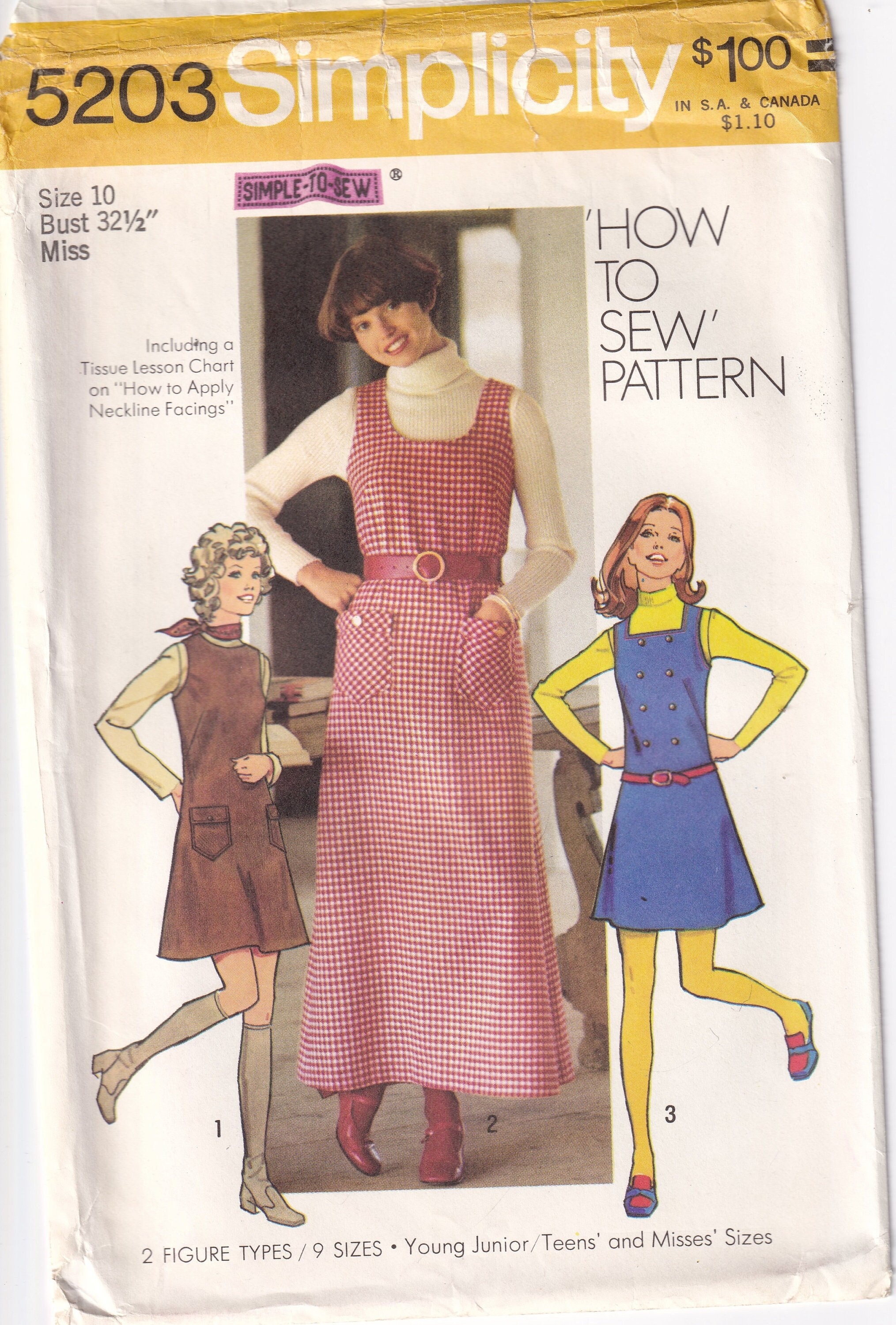 Vintage 1972 Simplicity 5203 UNCUT Sewing Pattern Misses' Jumper in Two Lengths With Neckline Interest Size 10 Bust 32-1/2