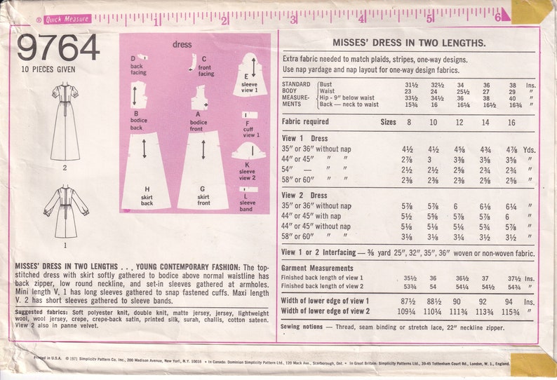 May include: A sewing pattern for a dress in two lengths, with instructions and fabric requirements. The pattern is for sizes 8 to 16 and includes 10 pieces. The pattern is for a dress with a gathered skirt and long or short sleeves.