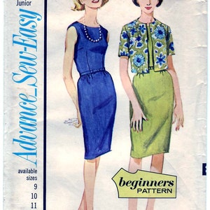 Vintage 1963 Advance 3446 Symönster Tonårs-, Juniorklänning och jacka Storlek 9 Byst 30-1/2