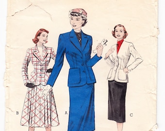 Vintage 1954 Butterick 6261 Sewing Pattern Misses' Classic Suit with Pleated or Slim Skirt Size 16 Bust 34